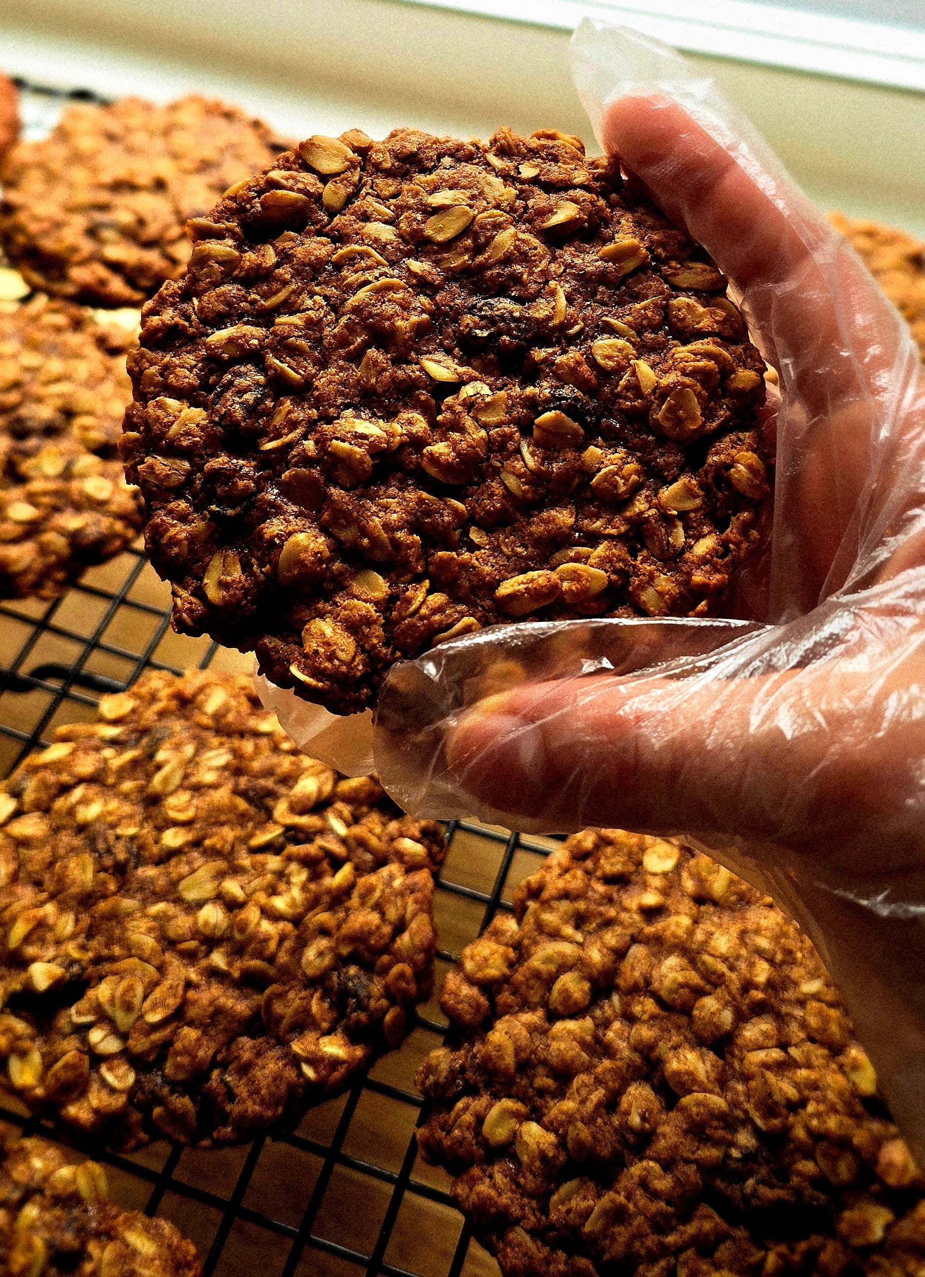 Hand holding an oatmeal raisin cookie on a cooling rack with a blurred background