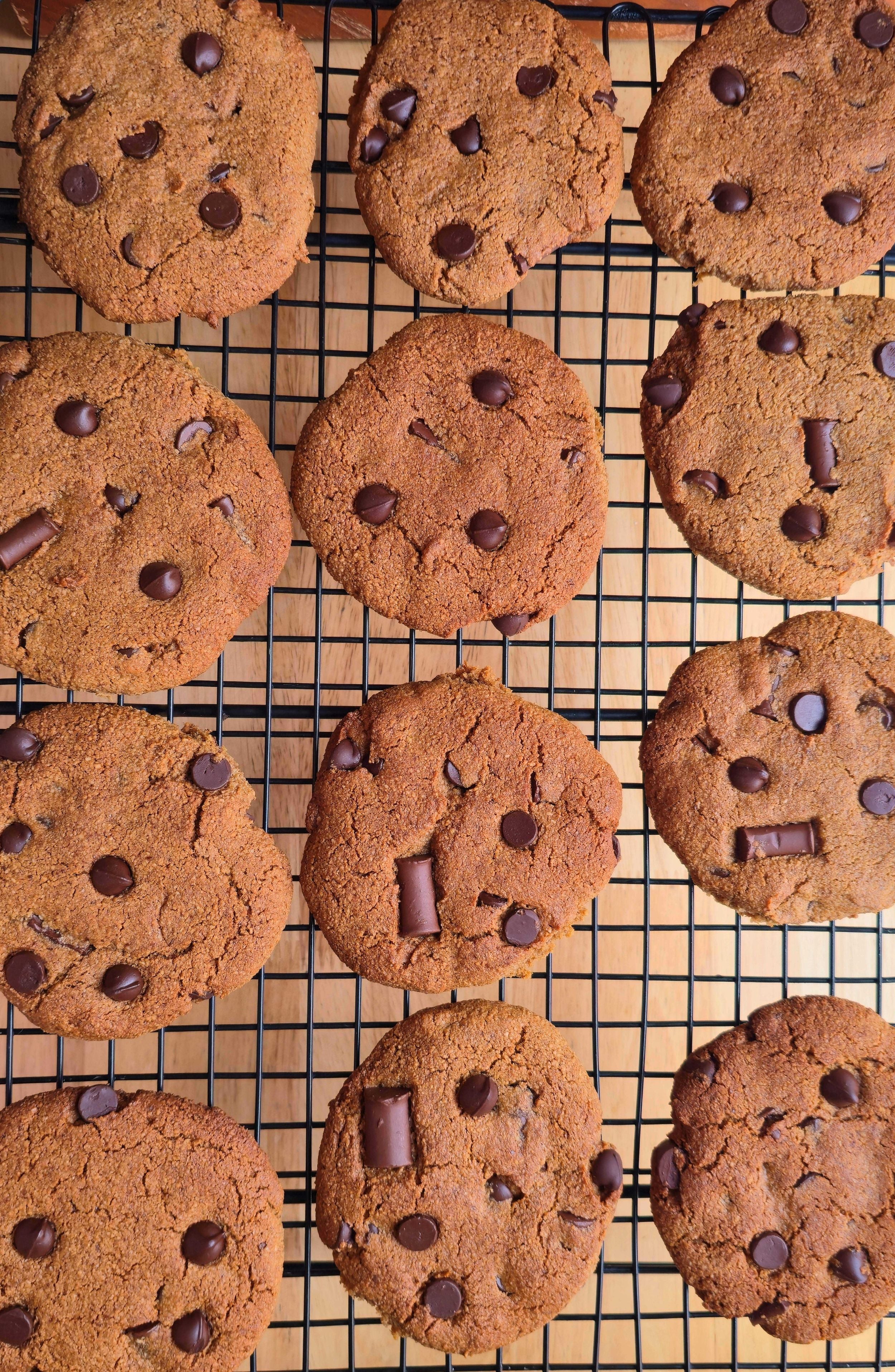 Chocolate chip cookies on a cooling rack